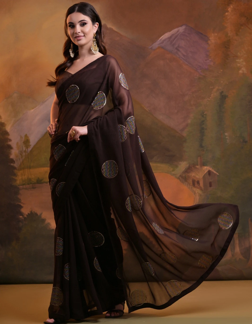 Pc Brown Sequence Georgette Wholesale Fancy Saree Catalog